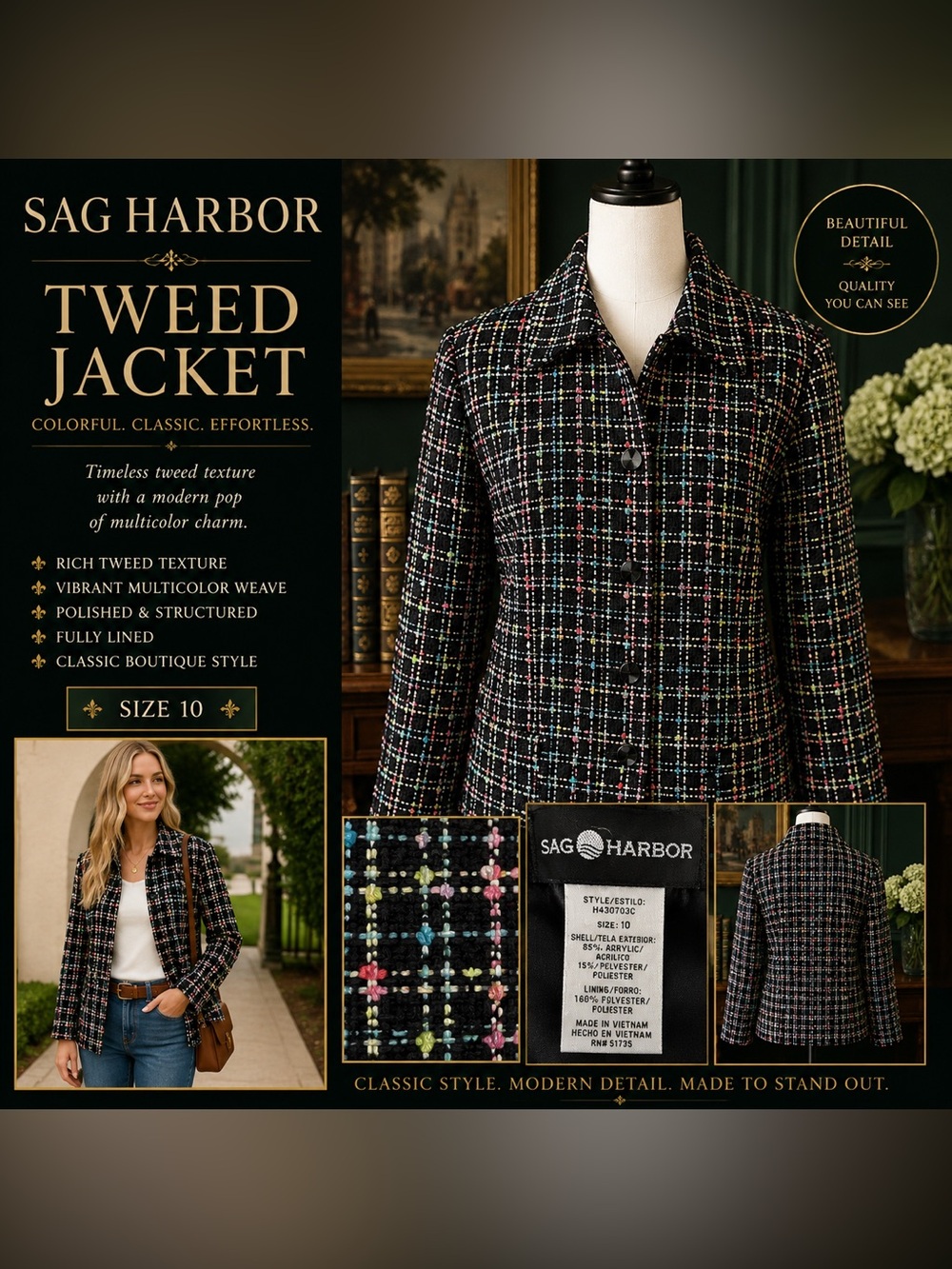 Sag Harbor Black Tweed Jacket with Multicolor Check